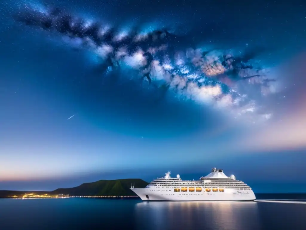 Un crucero moderno navegando bajo un cielo estrellado con la Vía Láctea, pasajeros en talleres de astronomía