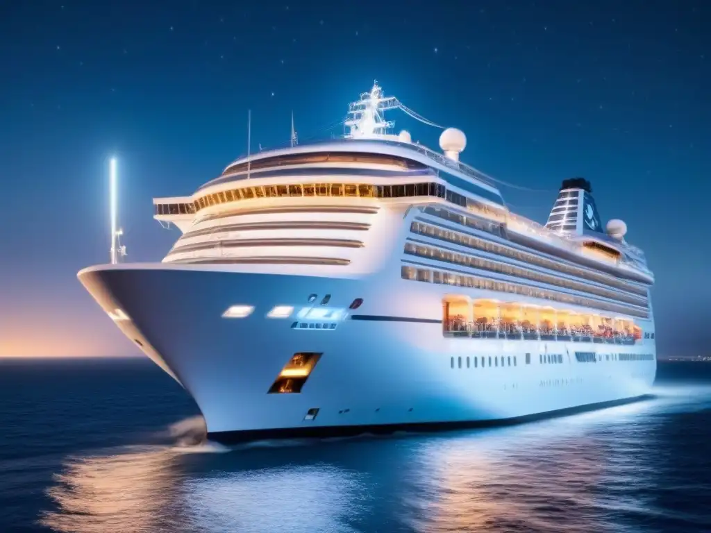 Un crucero moderno navega bajo un cielo estrellado en una noche tranquila