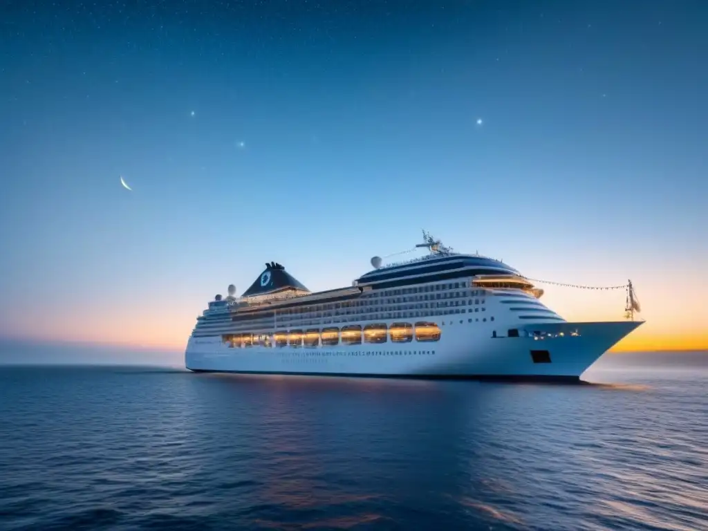 Un crucero moderno navega bajo un cielo estrellado con notas de jazz, creando un ambiente de 'Veladas musicales en cruceros'