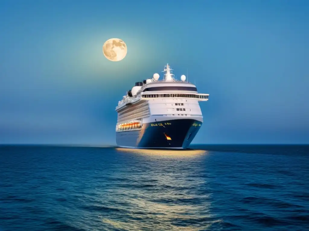 Un crucero moderno navega bajo un cielo estrellado, con la luna iluminando el agua