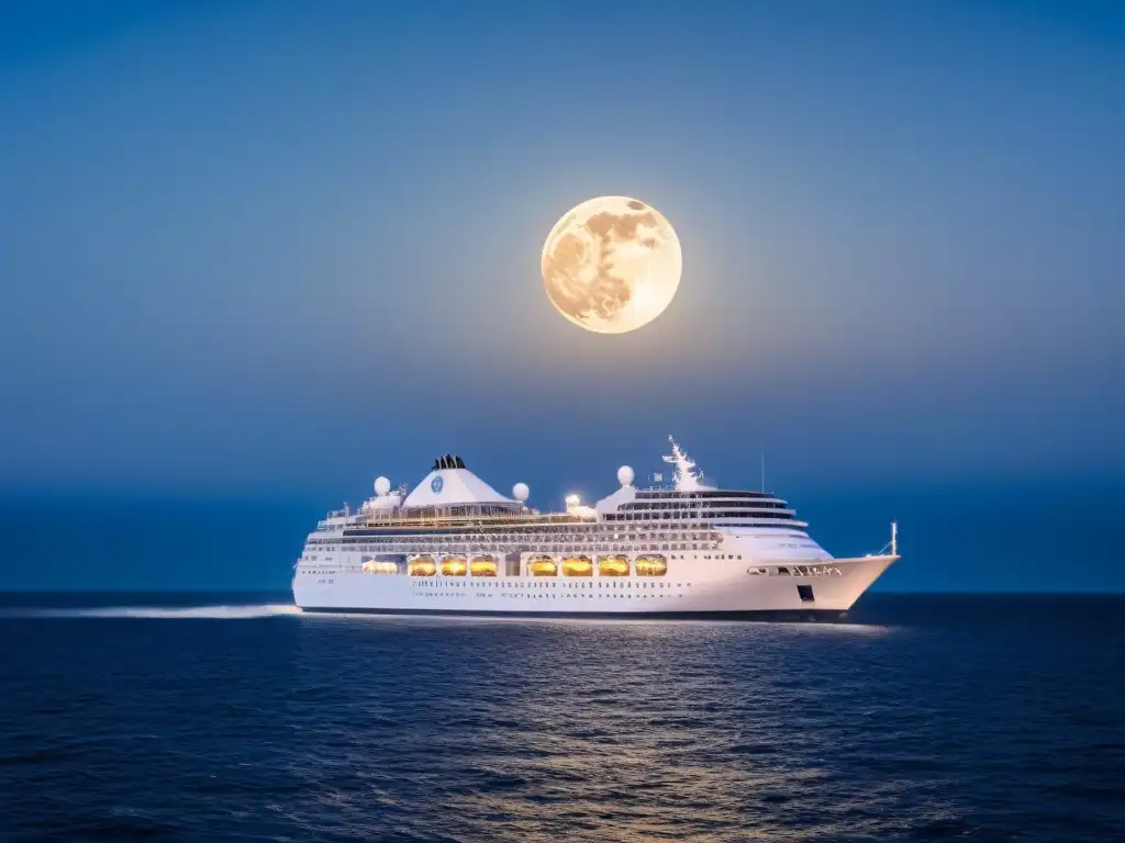 Un crucero moderno navega bajo un cielo estrellado y la luz de la luna en el mar, con tradiciones navales sutiles