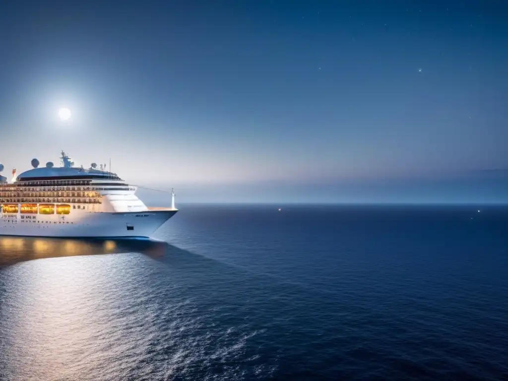 Un crucero moderno navega bajo un cielo estrellado, con la luna iluminando el mar