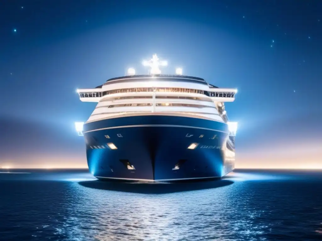 Un crucero moderno navegando bajo un cielo estrellado, protegido por un escudo digital