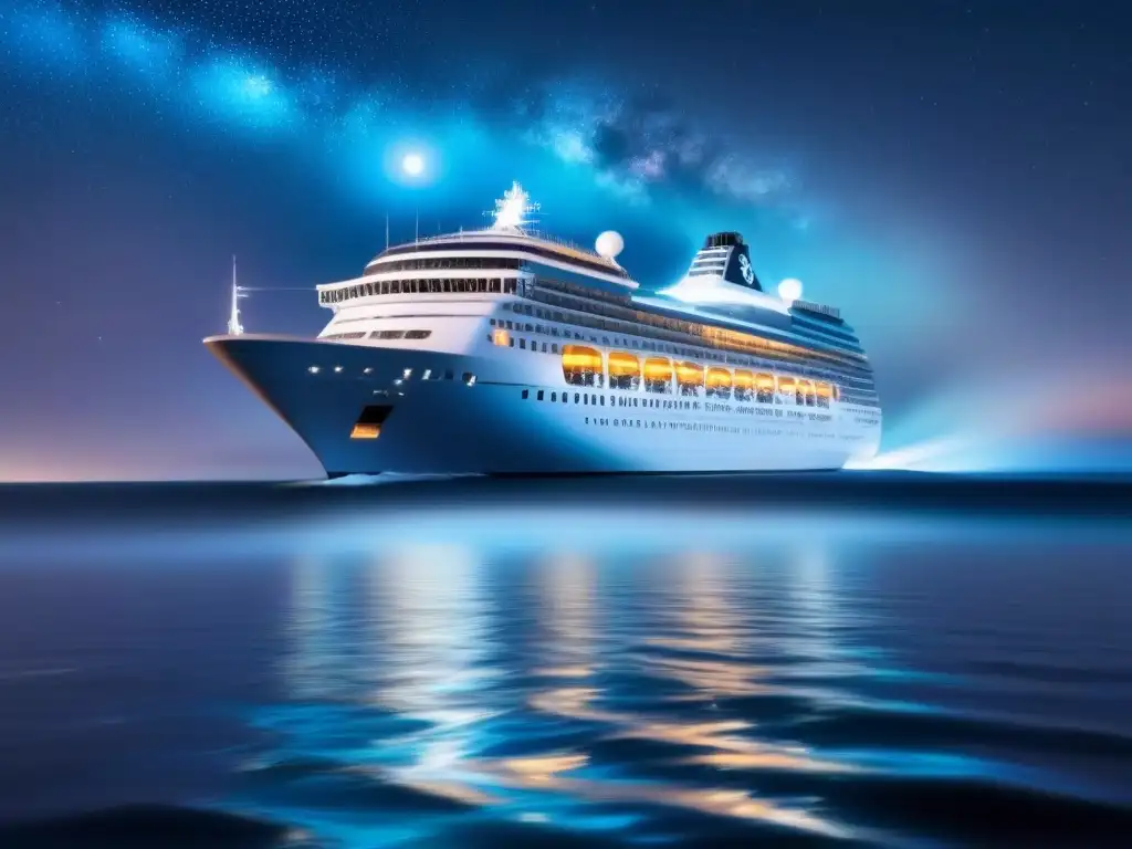 Un crucero moderno navega bajo un cielo estrellado con galaxias vibrantes, transmitiendo lujo, aventura y creatividad