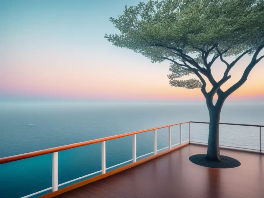 Un crucero moderno navega bajo un cielo pastel con un árbol delicado en cubierta, simbolizando la compensación huella ecológica cruceros