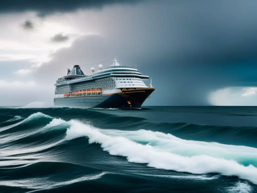 Un crucero moderno navega bajo un cielo tormentoso con olas agitadas