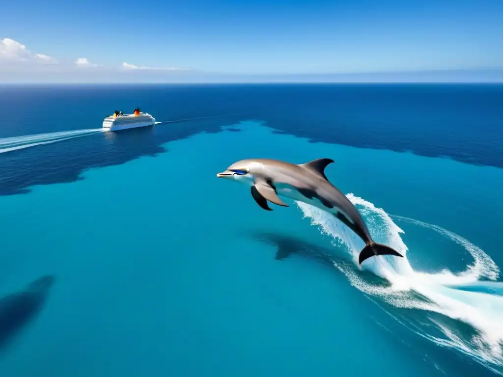 Un crucero moderno corta aguas turquesas, con delfines bajo un cielo azul