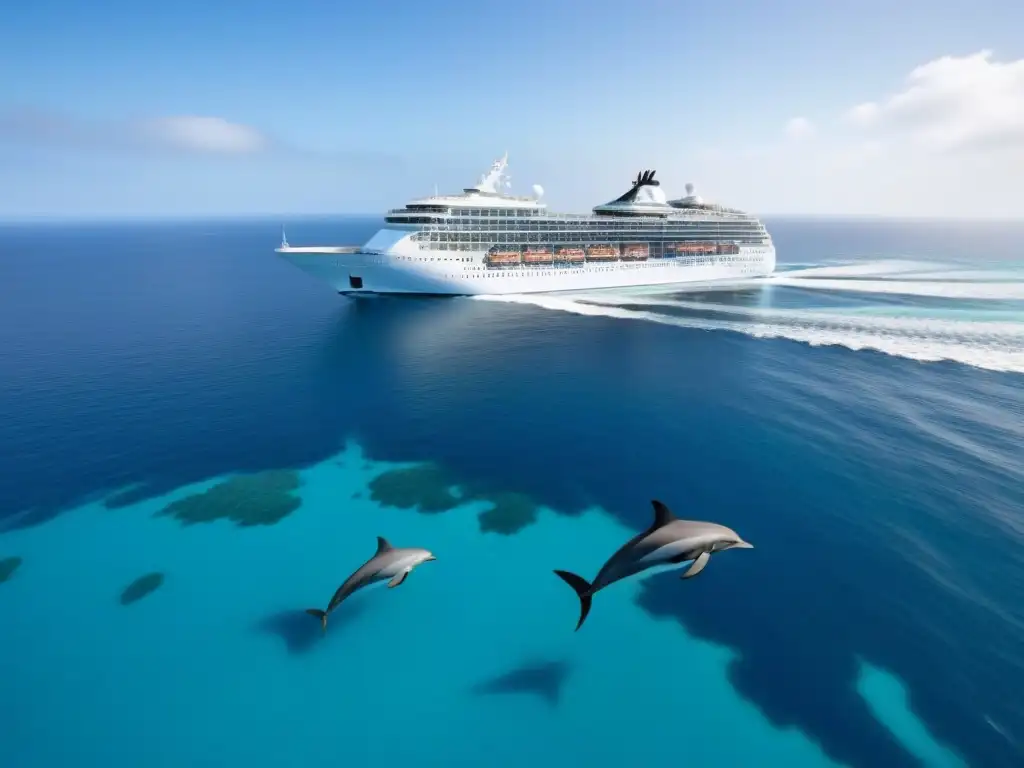 Un crucero moderno navegando entre delfines y arrecifes