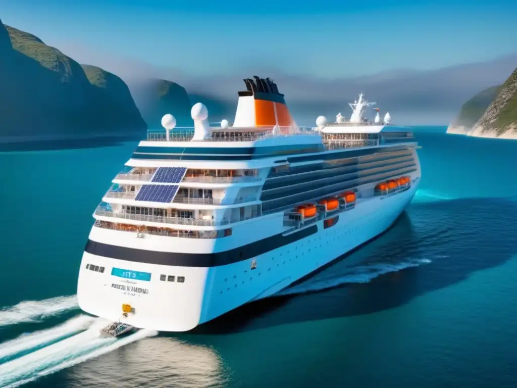Crucero eco-friendly navegando en aguas cristalinas Un crucero moderno con diseño eco-friendly y eficiencia energética navegando en aguas cristalinas bajo el sol