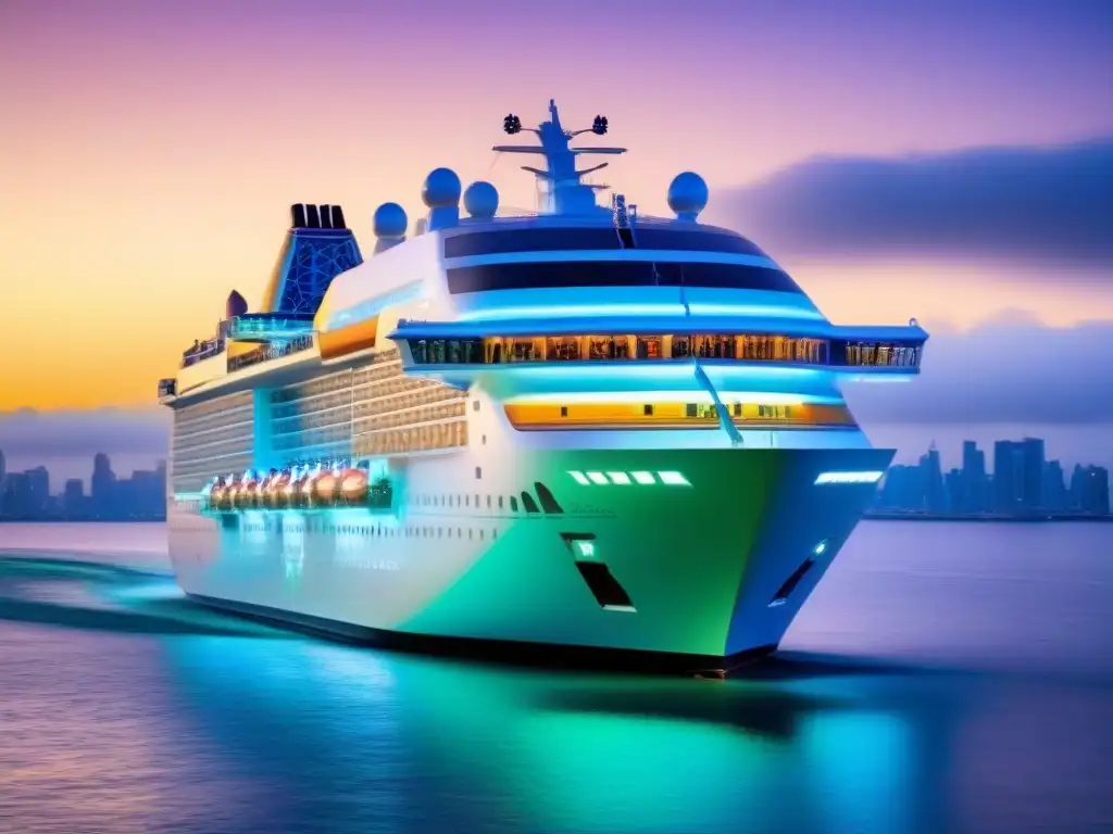 Un crucero moderno con diseño innovador y símbolos financieros integrados sutilmente, en un horizonte de ciudad futurista y mar