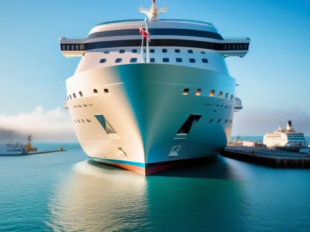 Un crucero moderno con diseño sostenible en un puerto, bajo cielos azules, con el mar de fondo