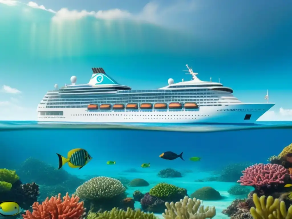 Un crucero moderno y ecofriendly navega rodeado de vida marina y arrecifes de coral, reflejando la cocina de autor en cruceros