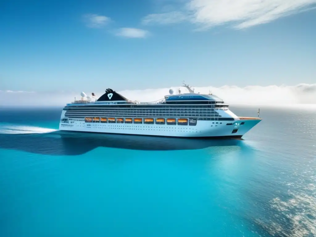 Un crucero moderno y ecológico surca aguas turquesas con paneles solares brillando bajo el sol