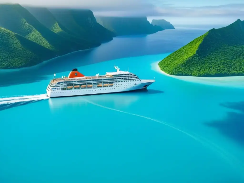 Crucero ecofriendly surcando aguas turquesa Un crucero moderno y ecológico navegando en aguas turquesas, rodeado de islas verdes bajo un cielo azul