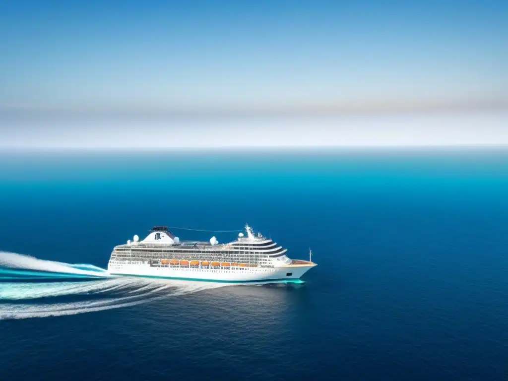 Un crucero moderno y ecológico navegando en aguas turquesas con paneles solares y turbinas eólicas, destacando su impacto ambiental positivo