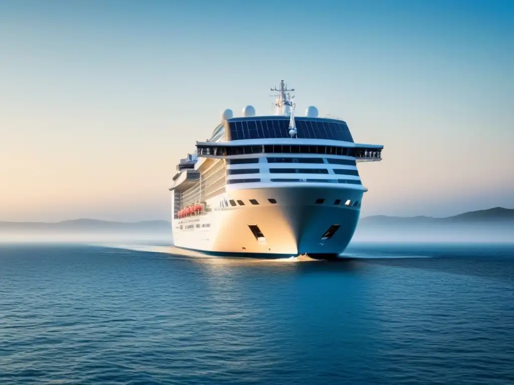 Un crucero moderno navega con eficiencia energética en aguas tranquilas, con paneles solares y turbinas eólicas integrados