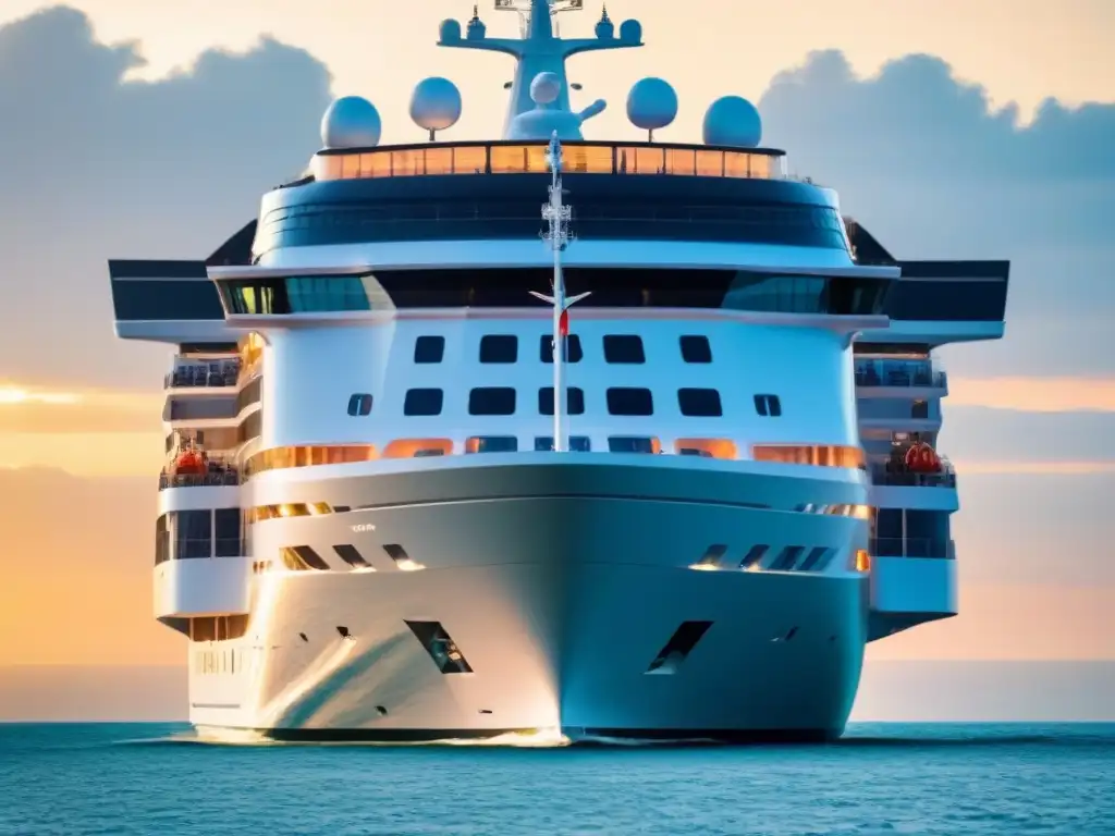 Crucero futurista: energía sostenible en alta mar Un crucero moderno y eficiente en energía surcando aguas cristalinas al atardecer