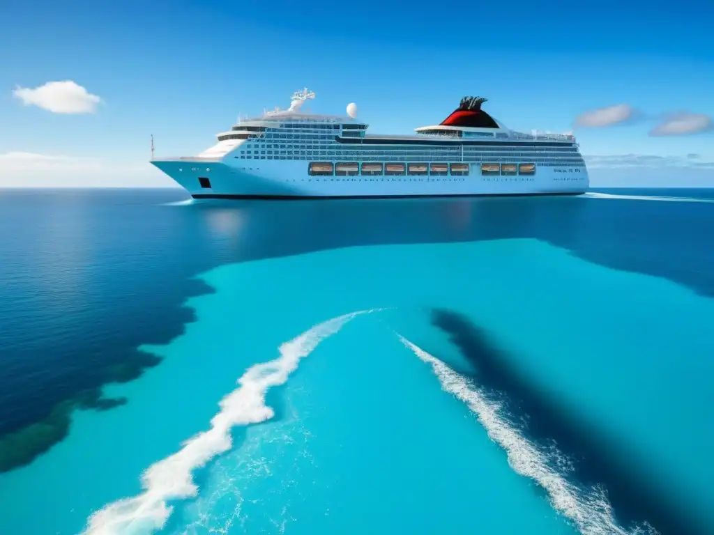 Un crucero moderno navega con elegancia en aguas turquesas, reflejando compromiso con la conservación del medio ambiente