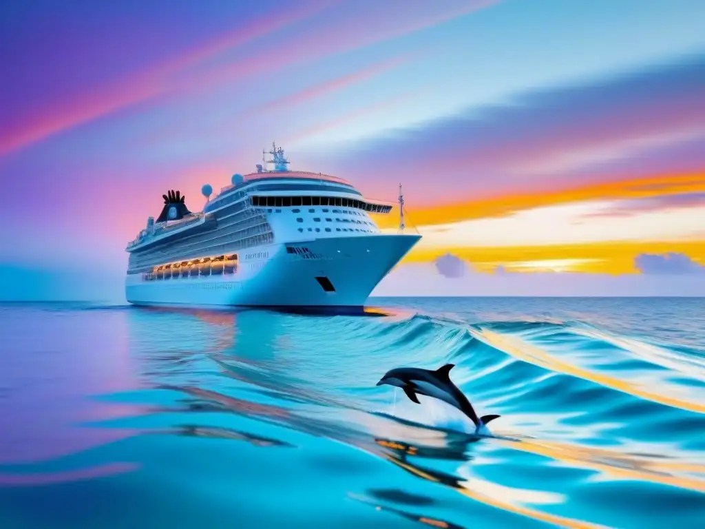 Un crucero moderno se desliza con elegancia en aguas turquesas, rodeado de delfines saltarines al atardecer