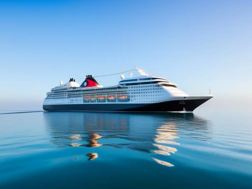 Un crucero moderno navega con elegancia en aguas tranquilas, reflejando tranquilidad y lujo