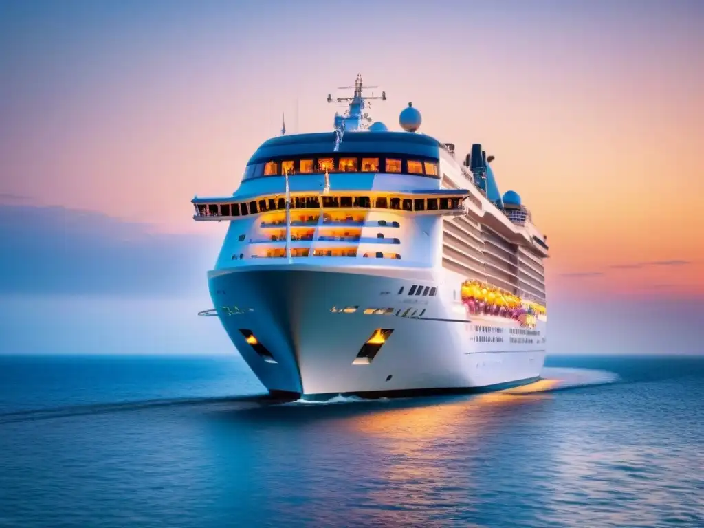 Un crucero moderno navega con elegancia en aguas cristalinas al atardecer, reflejando éxito financiero gigantes turismo marítimo