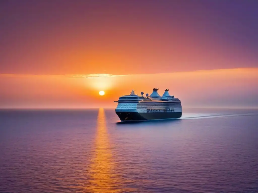 Un crucero moderno navega con elegancia al atardecer, simbolizando colaboraciones innovadoras cruceros ONGs