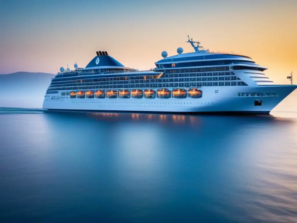 Un crucero moderno navegando con elegancia en el mar bajo un cielo azul, con el sol poniéndose en el fondo