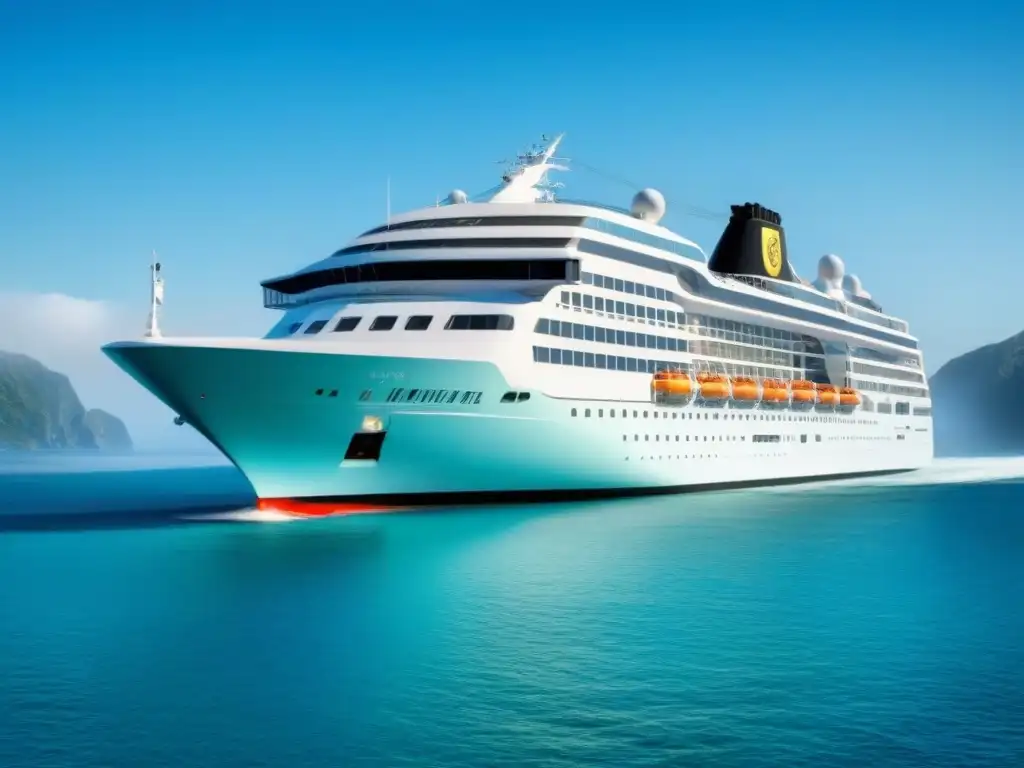 Un crucero moderno y elegante navegando en aguas turquesas bajo un cielo azul