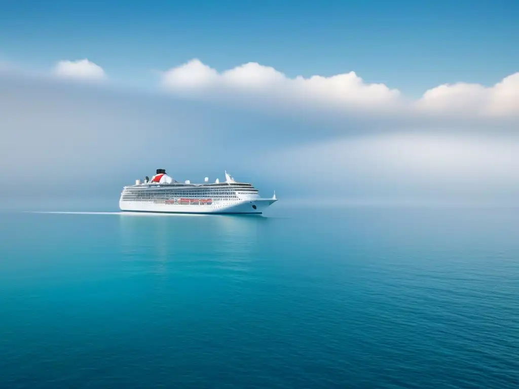 Un crucero moderno navega elegante en aguas turquesas, reflejando tranquilidad