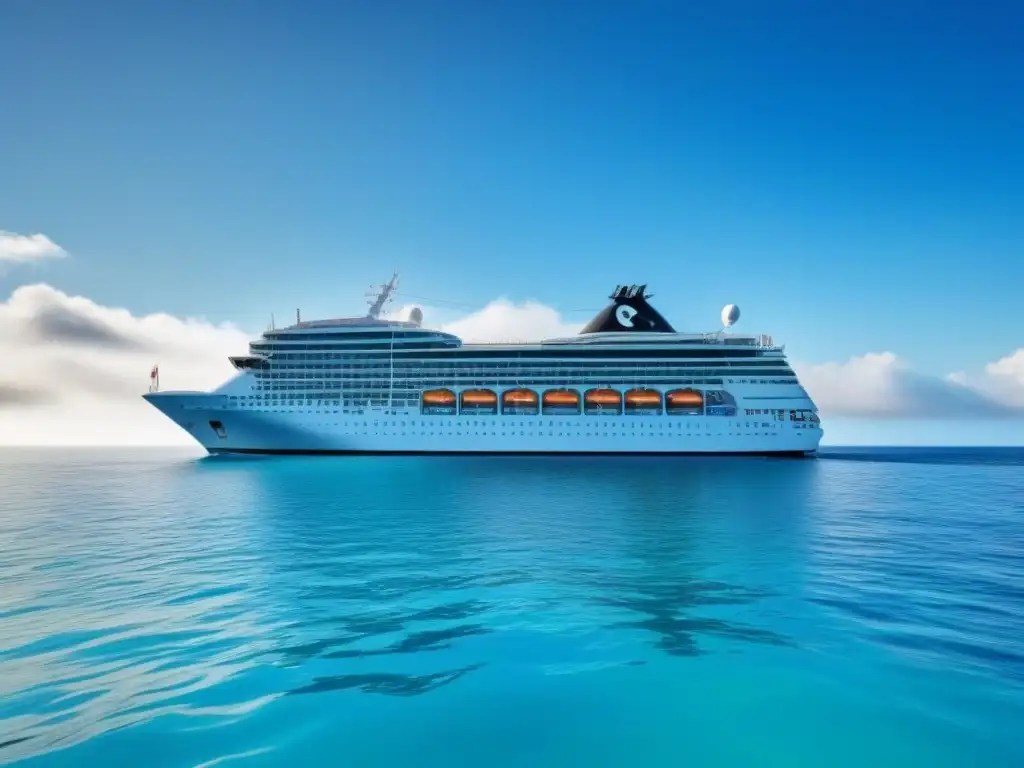 Un crucero moderno y elegante navegando en aguas cristalinas, rodeado de vida marina vibrante