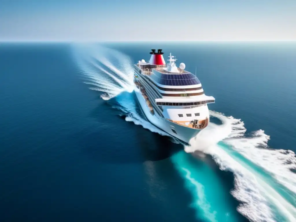 Un crucero moderno y elegante navegando en aguas cristalinas, con paneles solares brillando bajo el sol en su cubierta, mostrando tecnología de eficiencia energética en un estilo minimalista