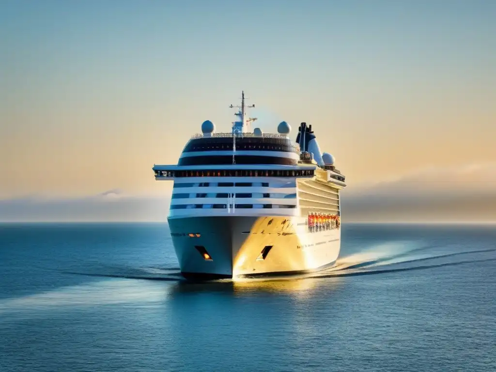 Un crucero moderno y elegante navegando en aguas tranquilas al atardecer, transmitiendo seguridad en cruceros: mitos y verdades