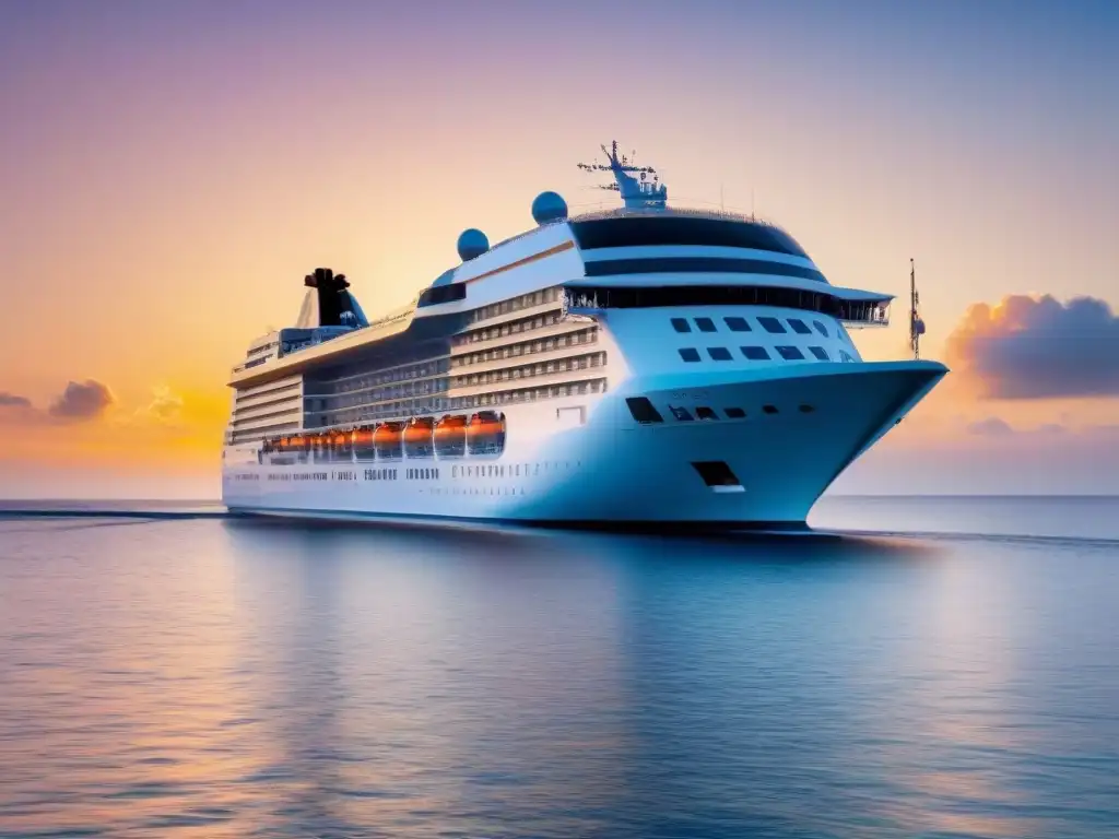 Un crucero moderno y elegante navega en aguas cristalinas al atardecer