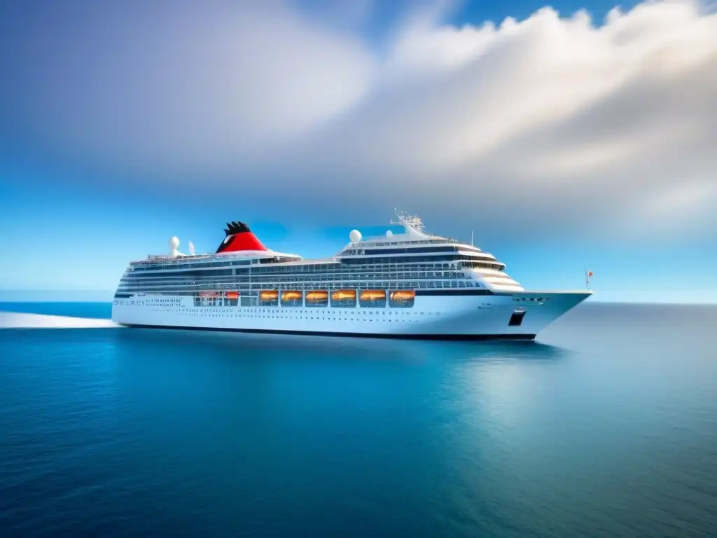 Un crucero moderno y elegante navega en aguas cristalinas y tranquilas bajo un cielo azul despejado, reflejando seguridad en cruceros marítimos