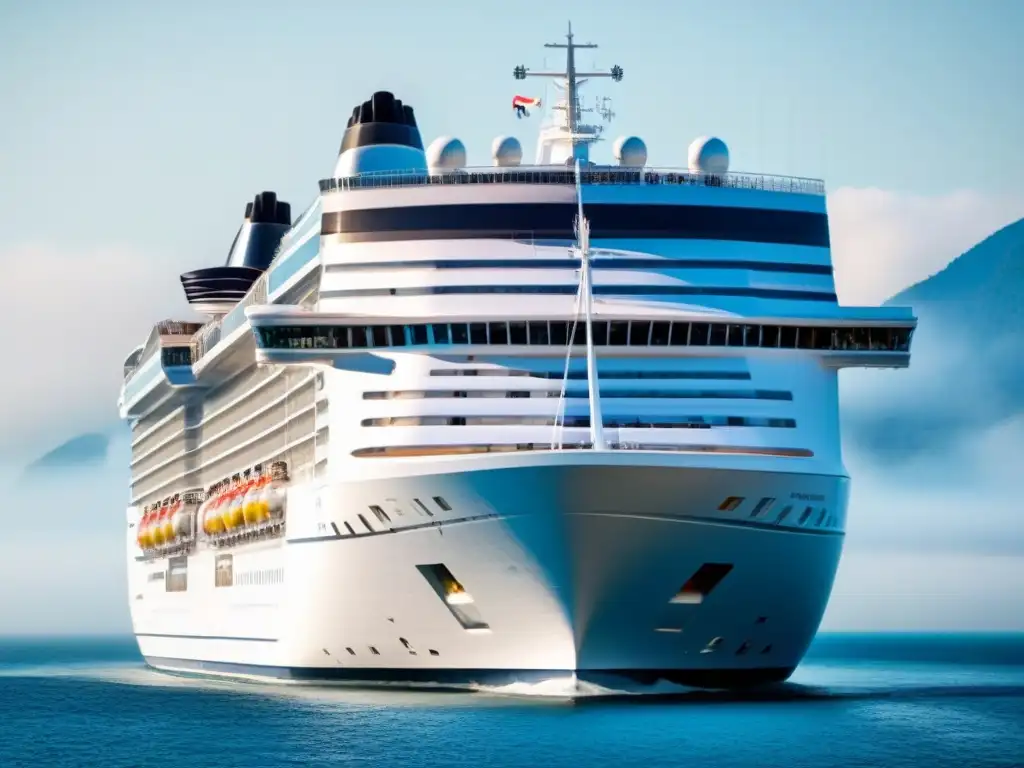 Un crucero moderno y elegante navega en aguas tranquilas bajo un cielo azul claro, reflejando lujo y tranquilidad