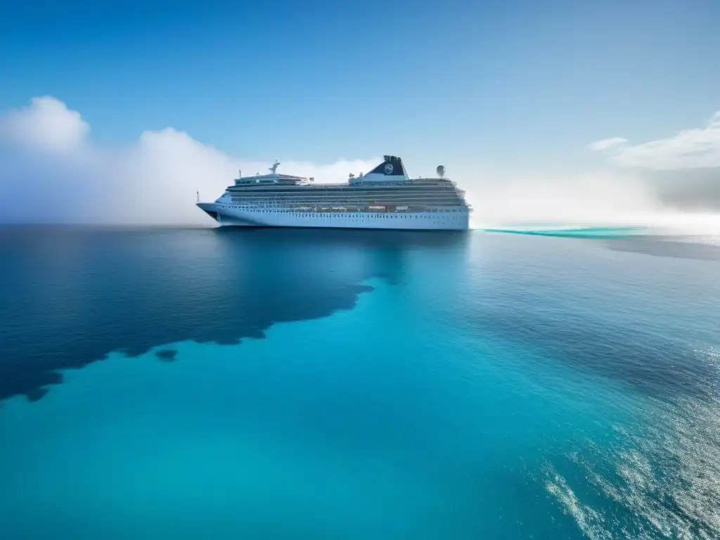 Un crucero moderno y elegante navega en aguas cristalinas bajo un cielo azul brillante, con medidas sanitarias en cubierta