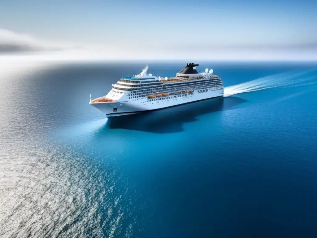 Un crucero moderno y elegante surcando aguas tranquilas bajo un cielo azul, reflejando lujo y calma