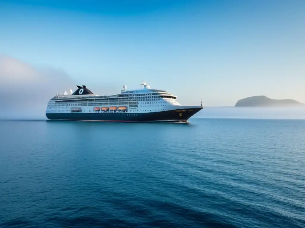 Crucero moderno navegando en aguas serenas Un crucero moderno y elegante navega en aguas tranquilas bajo un cielo azul, con gaviotas sobrevolando y la silueta de islas lejanas en el horizonte
