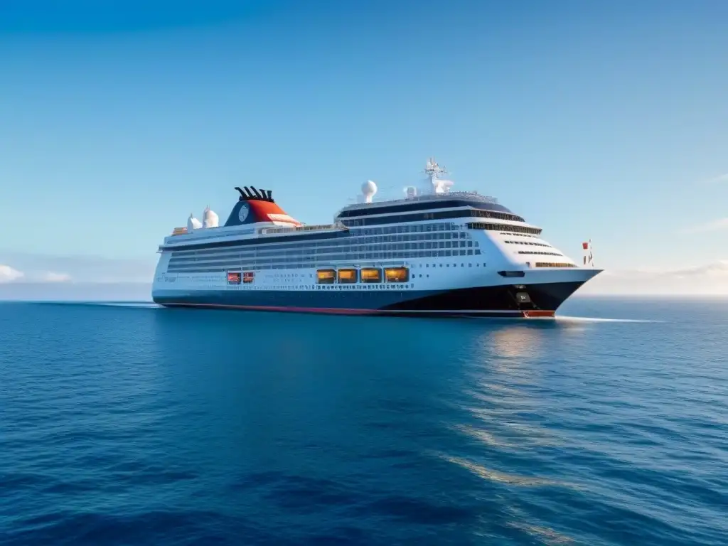 Un crucero moderno y elegante navegando en aguas cristalinas bajo un cielo azul vibrante, con tecnologías de energía renovable integradas