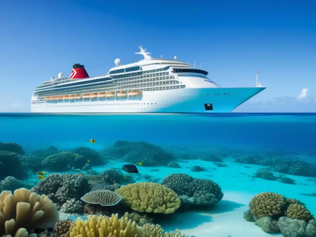 Un crucero moderno y elegante surcando aguas turquesas cristalinas, rodeado de un arrecife de coral vibrante y vida marina colorida