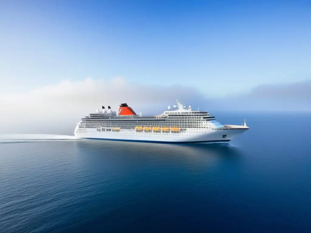 Un crucero moderno y elegante navegando en aguas tranquilas bajo un cielo azul claro, reflejándose sutilmente en el mar