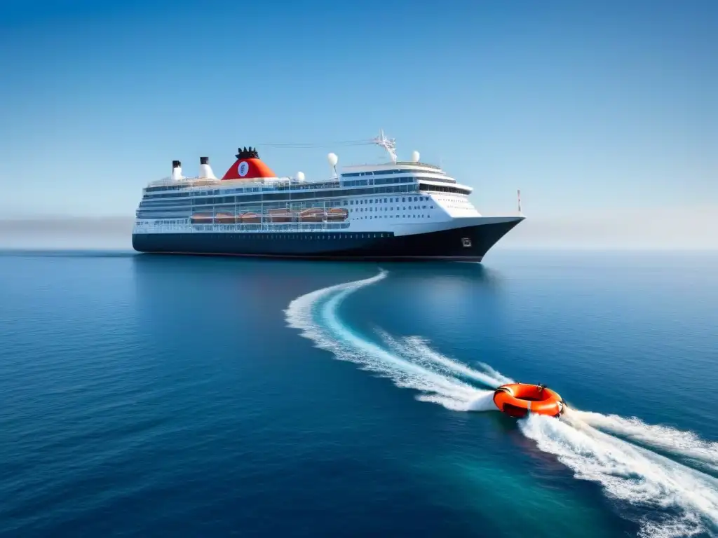 Crucero moderno y seguro: ilustración minimalista en alta mar Un crucero moderno y elegante en aguas tranquilas, con elementos de salud y seguridad a bordo