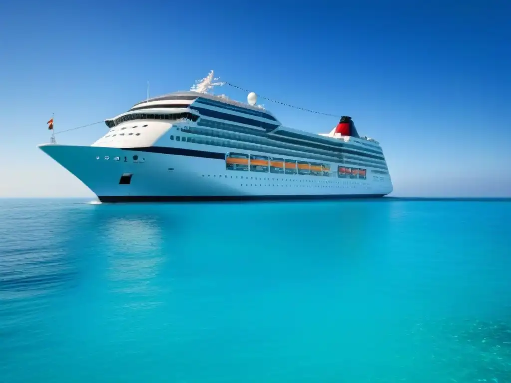 Crucero de lujo en aguas turquesas Un crucero moderno y elegante surca aguas turquesas bajo un cielo azul claro, transmitiendo calma y lujo