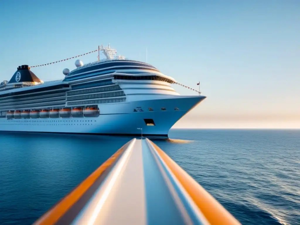 Un crucero moderno navega elegante en aguas tranquilas, bajo un cielo azul claro