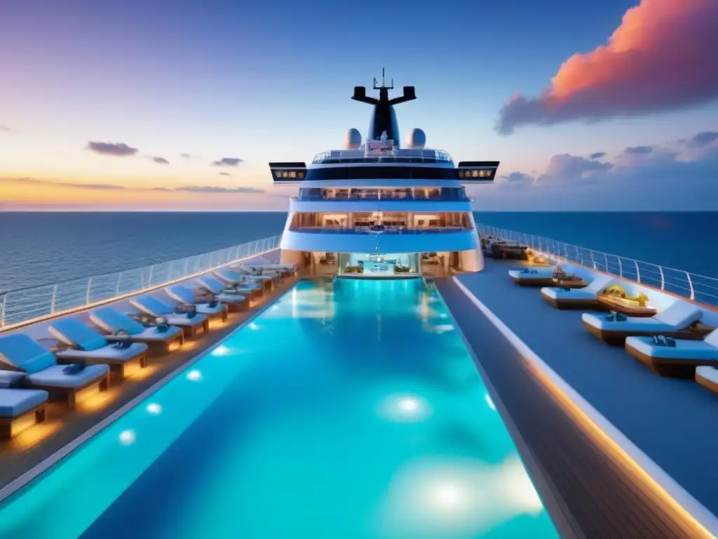 Crucero de lujo: Gastronomía gourmet en alta mar Un crucero moderno y elegante en aguas turquesas al atardecer