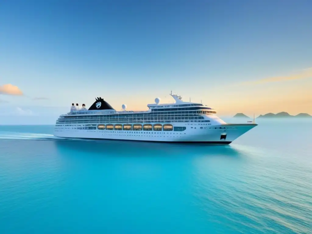 Un crucero moderno y elegante surcando aguas turquesas, rodeado de islas tropicales y un atardecer de colores pastel