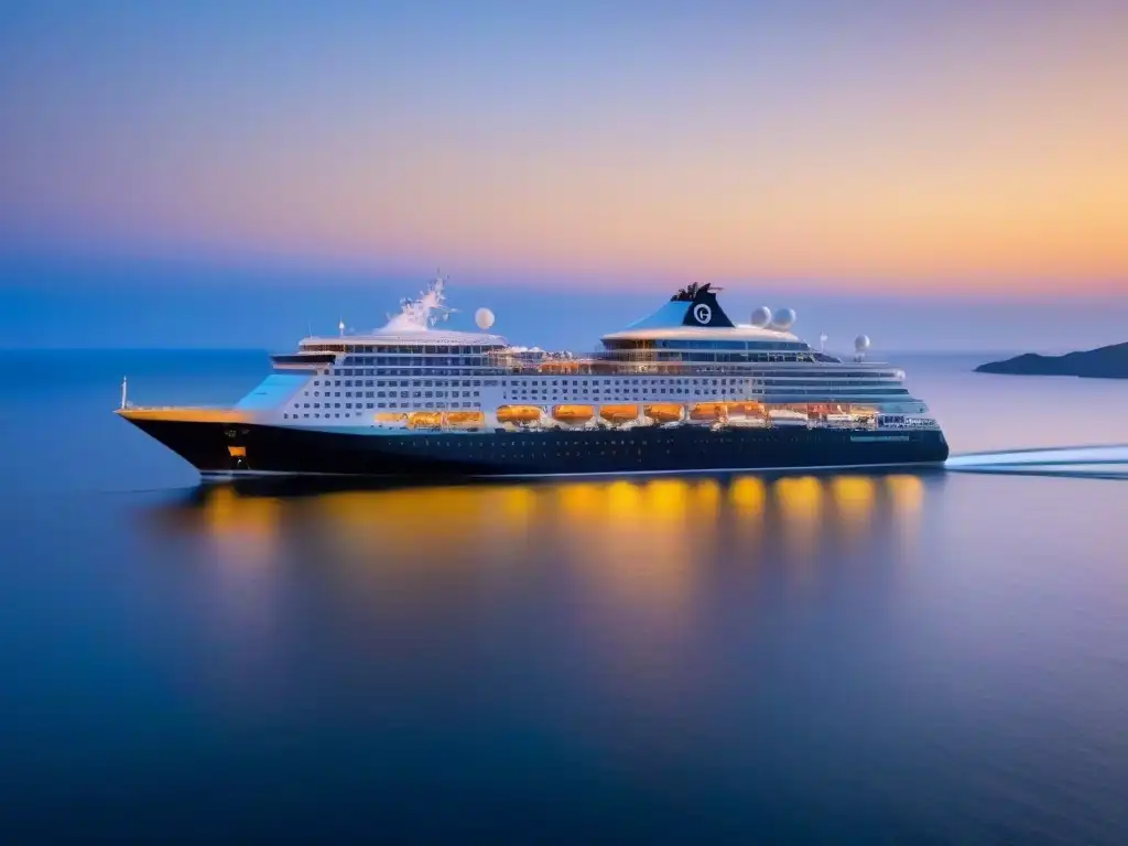 Un crucero moderno navega elegante al atardecer, reflejando el sol dorado