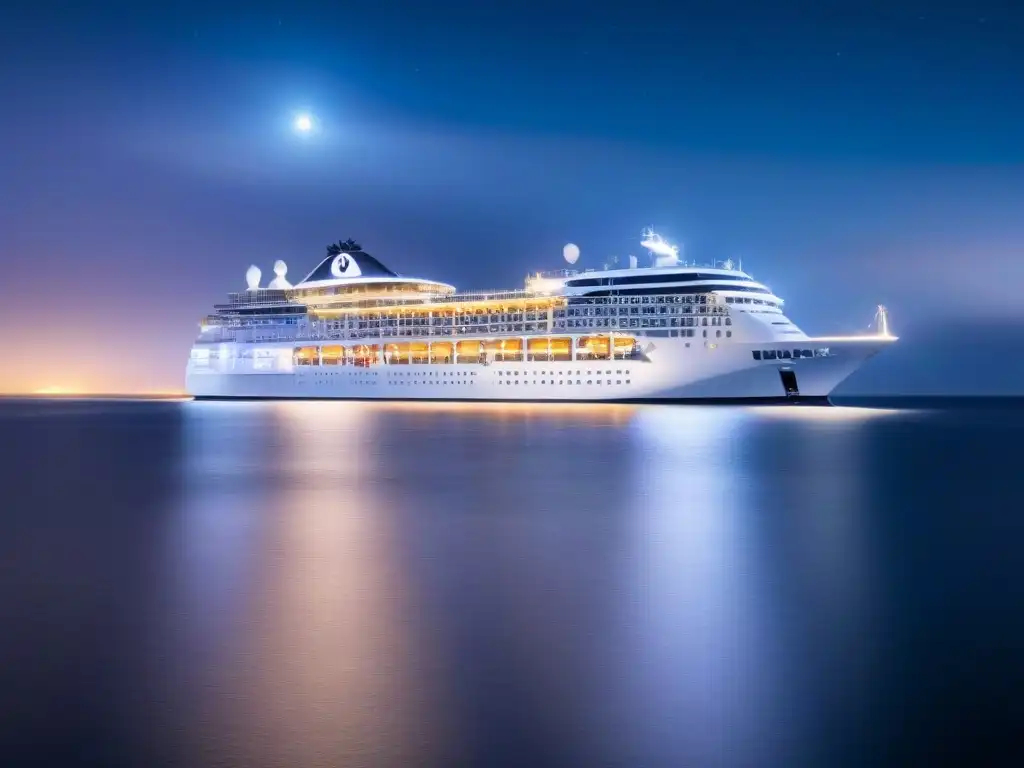 Un crucero moderno y elegante navega bajo el cielo estrellado en aguas tranquilas, resaltando las ventajas del pago sin contacto en cruceros