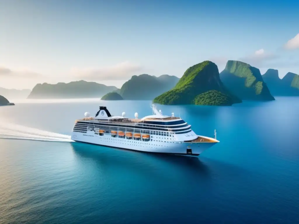 Un crucero moderno y elegante navegando hacia una isla tropical, ideal para viajeros veganos en busca de opciones veganas en cruceros