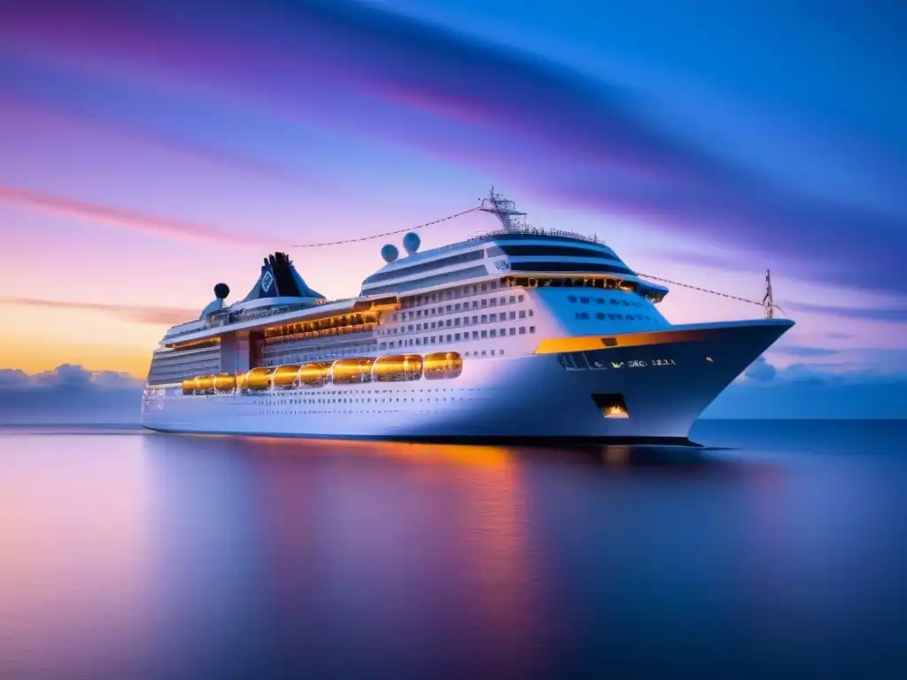 Un crucero moderno navega elegante en un mar cristalino al atardecer